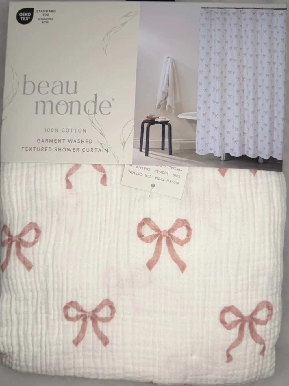 Beau Monde pink bow coquette cottage core farmhouse Shabby chic Shower Curtain